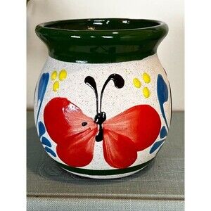 ✨ Vintage Handmade Painted Little Red Butterfly & Flowered Clay Pitcher / Vase